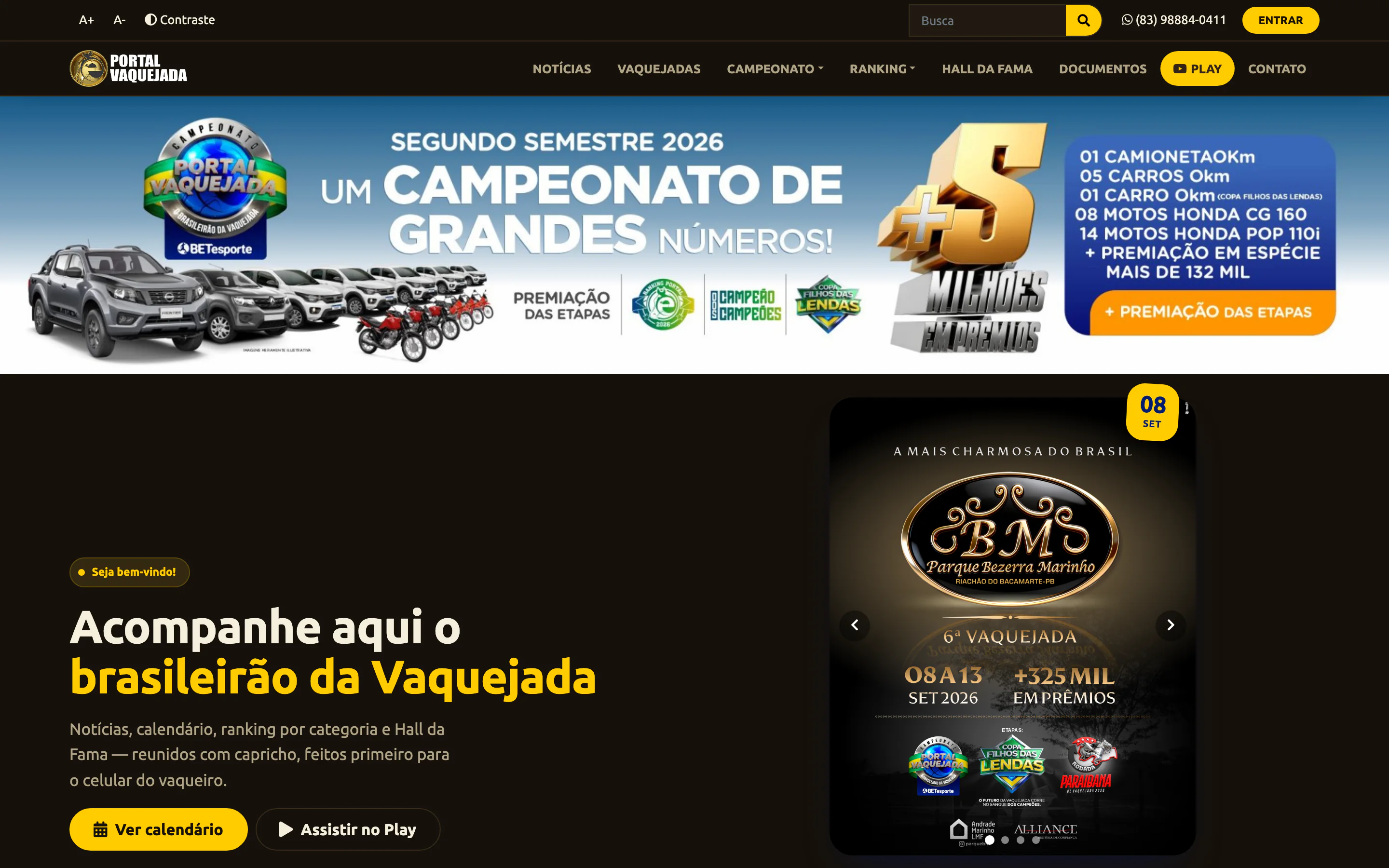 Página inicial do Portal Vaquejada, com a barra de acessibilidade no topo, o menu do portal e a chamada "Acompanhe aqui o brasileirão da Vaquejada" ao lado do carrossel das próximas etapas.