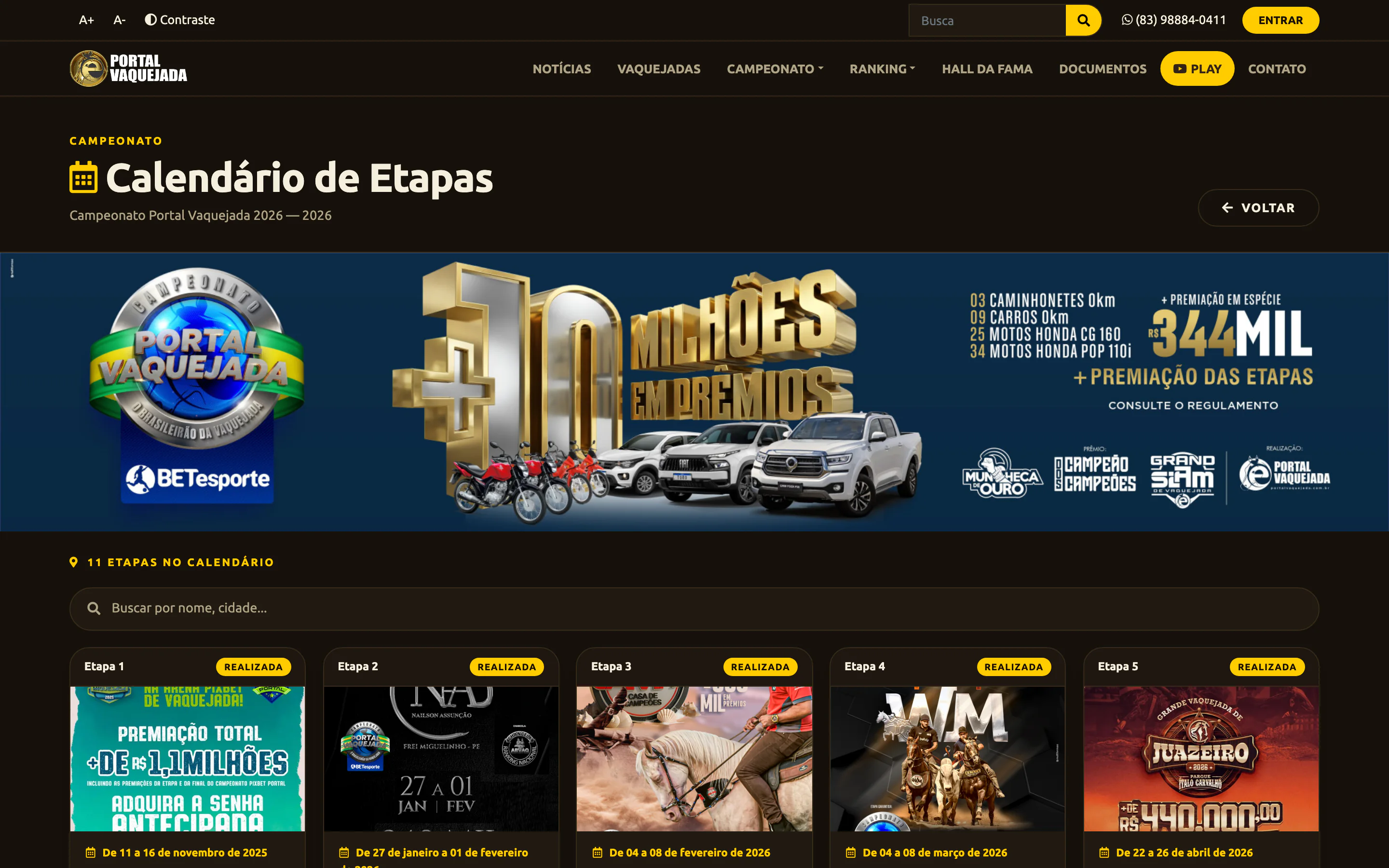 Calendário de etapas do campeonato, com busca por nome ou cidade e as etapas em cards, cada um marcado como realizada ou por vir.