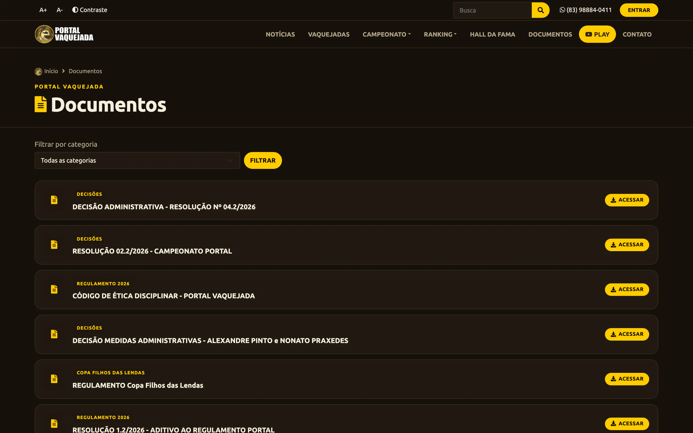 Seção Documentos do portal, com filtro por categoria e a lista de arquivos oficiais (decisões, regulamento e código de ética), cada um com botão de acesso.