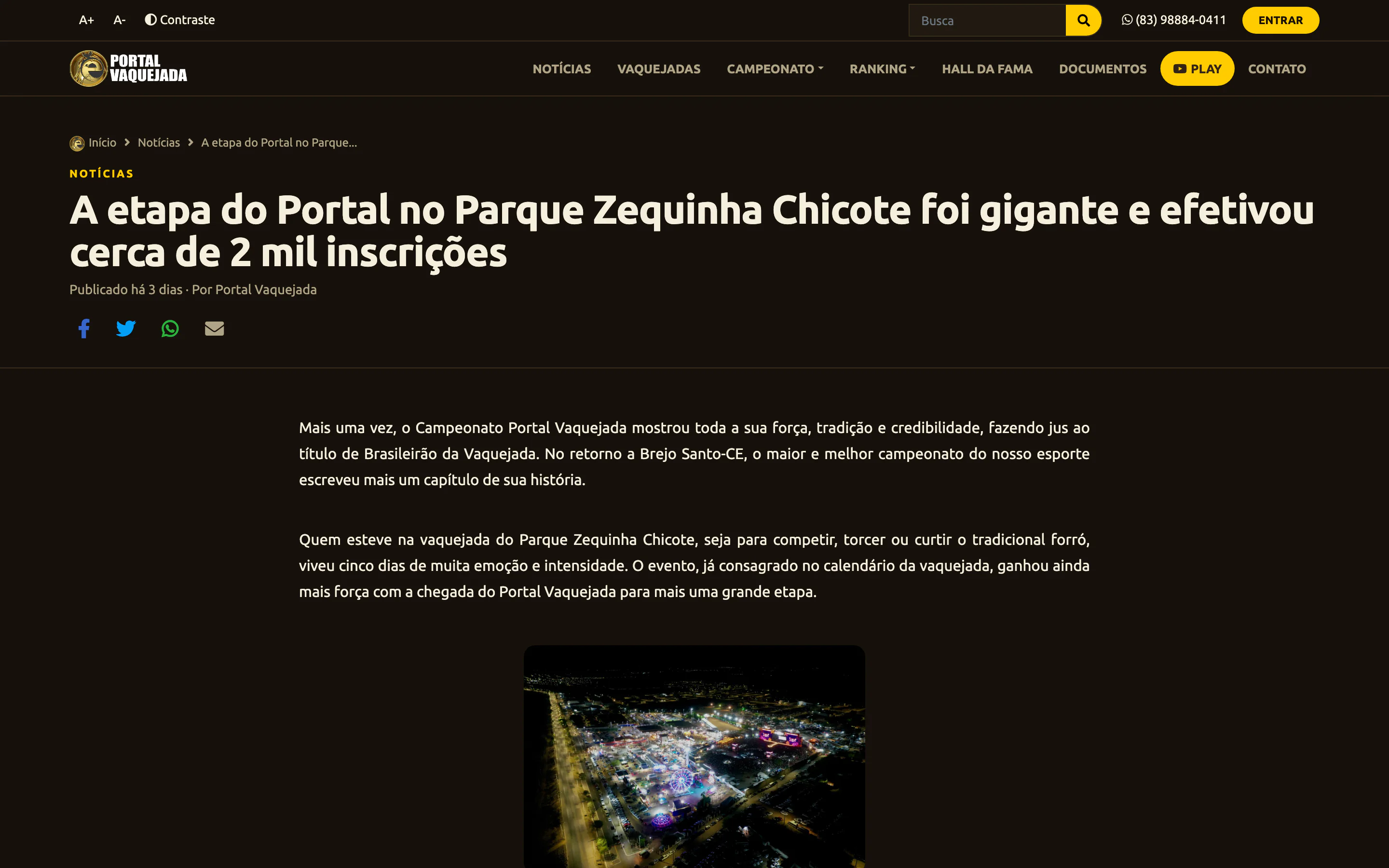 Página de uma notícia do portal, com título grande, data, botões de compartilhamento e o texto em coluna larga com foto da cobertura.