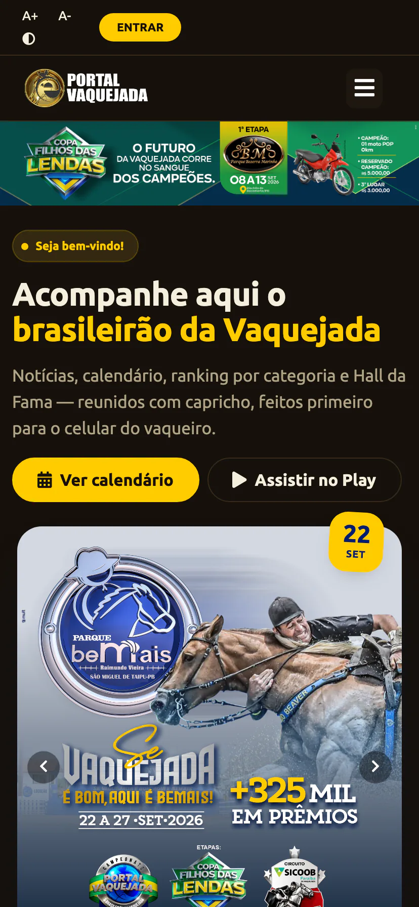A página inicial do Portal Vaquejada no celular, com menu recolhido, chamada principal e o card da próxima etapa em coluna única.
